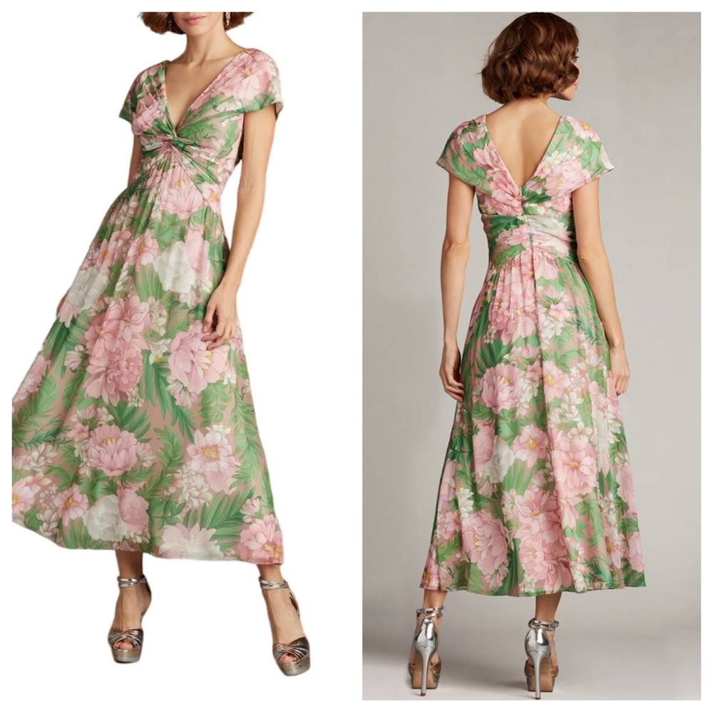 Tadashi Shoji Ausra Floral print twist front midi dress. Size 6.